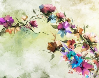 ペチュニア水彩画壁紙 | 花柄モダン壁装飾 | インクアート自然多色花柄