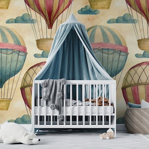 Vintage Air Balloon | Kids Room Wallpaper Nursery | Colorful Balloons Beige Sky Clouds | Peel and Stick | Removable Self-Adhesive Wall Decor