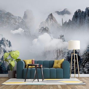 Foggy Winter Forest Mountains Wallpaper | Modern Wall Decor | Nature Clouds Snowy Trees Mural | Peel and Stick | Removable Self-Adhesive