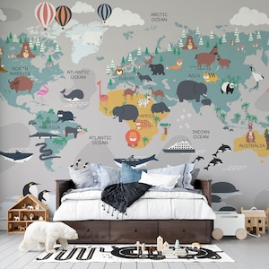 Tiere Weltkarte | Kinderzimmer Tapete Kinderzimmer | Tiere über die Weltkarte Ballons | Schälen und Aufkleben | Abnehmbares selbstklebendes Wanddekor