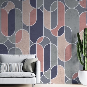 Blau Rosa Bauhaus Art Deco Tapete | Luxus-modernes Design | Bauhaus Abstrakte Elemente Wandbild | Schälen und Aufkleben | Wieder ablösbar, selbstklebend