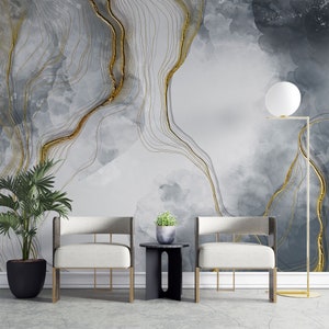 Grey Gold Marble Texture Wallpaper | Luxury Modern Gold Design | Ink Art Stone Watercolor Mural | Peel and Stick | Removable Self-Adhesive