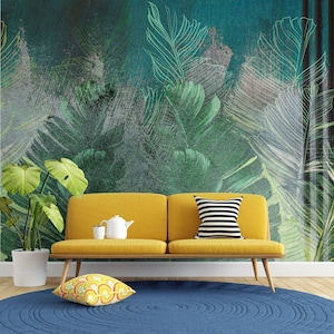 Turquoise Leaf Wallpaper | Luxury Modern Wall Decor | Nature Tropical Textured Leaves Mural | Peel and Stick | Removable Self-Adhesive