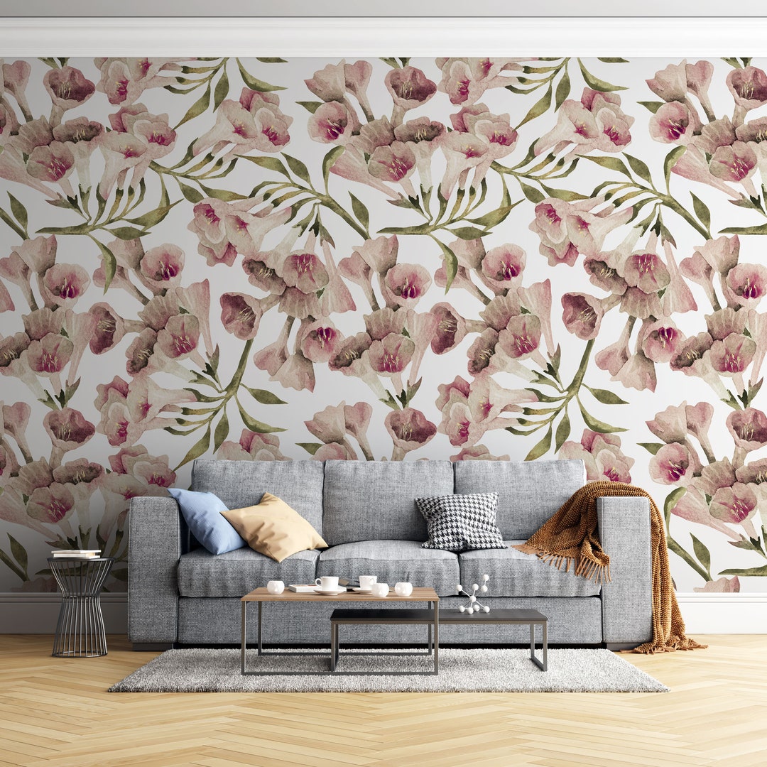 Pink Flowers Watercolor Wallpaper | Modern Wall Decor | Art Nature ...