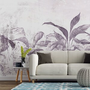 Carta da parati con foglie esotiche viola / Decorazione da parete moderna di lusso / Murale strutturato con foglie tropicali naturali / Stacca e incolla / Autoadesivo rimovibile