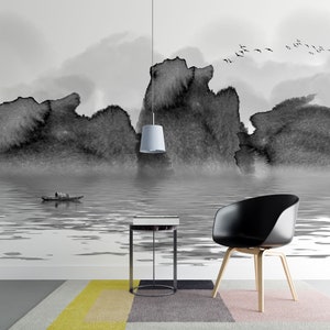 Black & White Watercolor Landscape Wallpaper | Modern Abstract Wall Deco | Ink Art Lake Mural | Peel and Stick | Removable Self-Adhesive