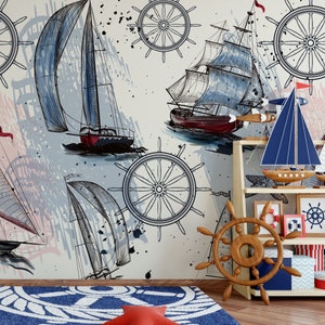 Modello di barche a vela / Carta da parati per camera dei bambini Nursery / Ruota a vela per barche navali Maritim Blu / Stacca e incolla / Decorazione da parete autoadesiva rimovibile