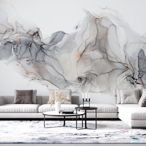 Grey Gold Marble Texture Wallpaper | Luxury Modern Wall | Alcohol Ink Art Watercolor White Mural | Peel and Stick | Removable Self-Adhesive
