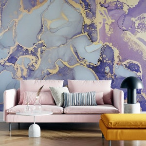 Purple Gold Marble Texture Wallpaper | Luxury Modern Pink Design | Acrylic Ink Art Watercolor Mural | Peel and Stick Removable Self-Adhesive