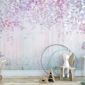 Mauve Wald Blätter | Kinderzimmer Tapete Kinderzimmer | Lila Grün Pastell Waldmädchen | Schälen und Aufkleben | Abnehmbares selbstklebendes Wanddekor
