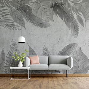 Carta da parati con foglie testurizzate grigie / Decorazione da parete moderna di lusso / Murale con foglie minimaliste naturali / Stacca e incolla / Autoadesivo rimovibile
