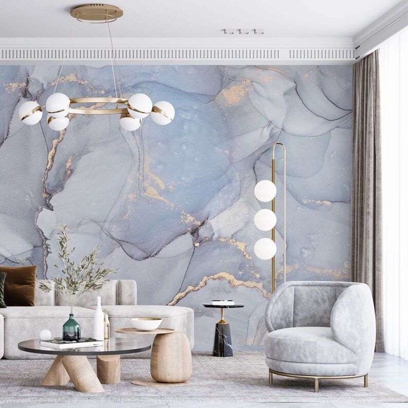 Baby Blue Gold Marble Texture Wallpaper | Luxury Modern Wall Decor ...