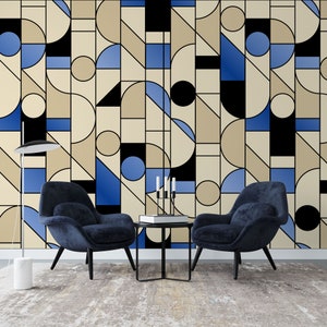 Blau Beige Bauhaus Art Deco Tapete | Luxus-modernes Design | Bauhaus Abstrakte Elemente Wandbild | Schälen und Aufkleben | Wieder ablösbar, selbstklebend