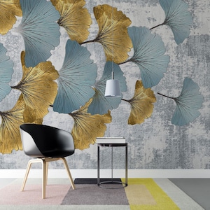 Blau Goldene Ginko Biloba Wallpaper | Luxus Moderne Wanddekoration | Natur Strukturierte Blätter Wandbild | Schälen und Aufkleben | Wieder ablösbar, selbstklebend