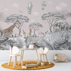 Giungla safari rosa pastello / Carta da parati per camera dei bambini Asilo nido / Animali esotici Natura grigia / Stacca e incolla / Decorazione da parete autoadesiva rimovibile