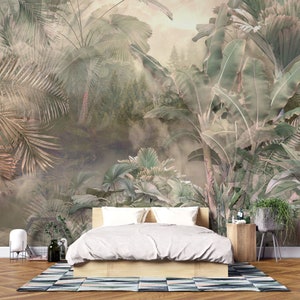 Rose Tropical Jungle Wallpaper | Luxury Modern Wall Decor | Nature Green Pink Leaves Mural | Peel and Stick | Removable Self-Adhesive