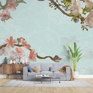 Mint Cherry Blossom Wallpaper | Chinese Blossom Chinoiserie Botanic Asian Wall Deco Birds Mural | Peel and Stick | Removable Self-Adhesive