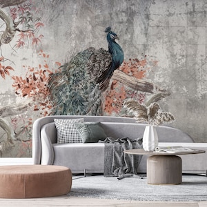 Blue Peacock Oriental Wallpaper | Japanese Luxury Design Botanic Asian Wall Deco Mural | Peel and Stick | Removable Self-Adhesive