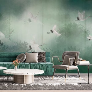 Foggy Green Oriental Wallpaper | Japanese Crane Design Chinoiserie Botanic Asian Wall Deco Mural | Peel and Stick | Removable Self-Adhesive