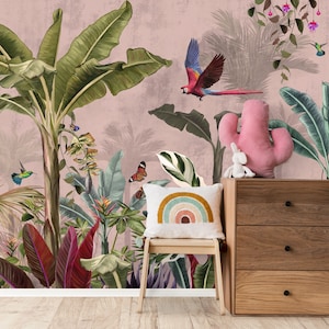 Giungla Safari Rosa / Carta da parati per cameretta dei bambini / Animali esotici Pappagalli Farfalle / Stacca e incolla / Decorazione da parete autoadesiva rimovibile