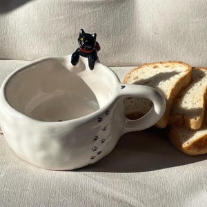 Sculptural Ceramic mug with black cat, Handmade ceramic, black cat mug,, unique ceramic, functional art, italian ceramics,