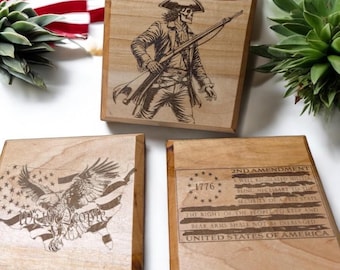 Patriotic Maple Wood Coasters: First Responder Gift, Customizable