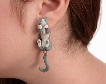 Climbing Cat Earrings, Gray White Kitty Dangle Jewelry