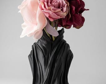 Midnight Cloak Sculptural Vase, Gothic Black Art Decor, Dried Flower Arrangement