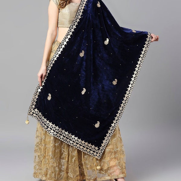 Women's Navy Blue & Gold-Toned Velvet Heavy Gotta Patti Embroidered Dupatta with Danglers - Fast Shipping