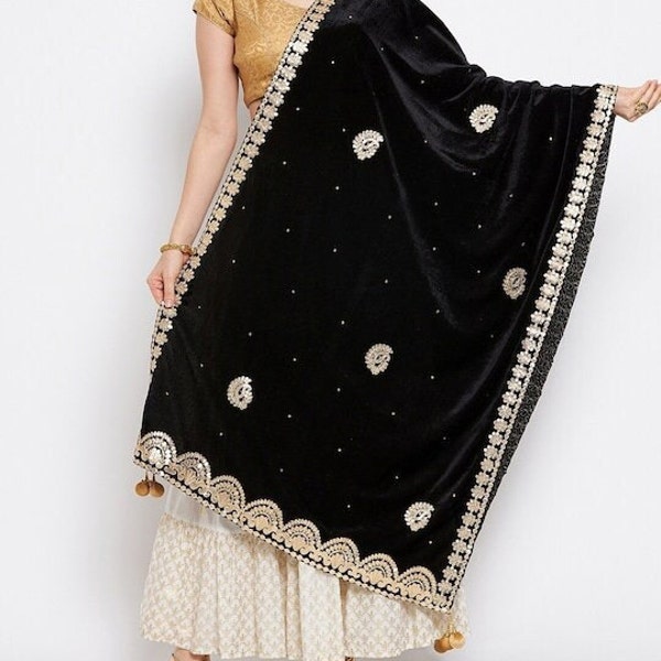 Women's Black & Gold-Toned Ethnic Motifs Embroidered Velvet Dupatta/Chunni Free Shipping