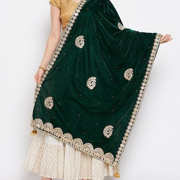 Women's Dark Green & Gold Toned Ethnic Motifs Embroidered Velvet Dupatta/Chunni with Gotta Patti Free Shipping