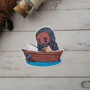 Puede incluir: Una pegatina de dibujos animados de una persona con piel morena y cabello largo y castaño pescando desde un bote de madera marrón. La persona lleva una camisa blanca y tiene barba. El bote está sobre un fondo de agua azul.