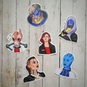 Mass Effect character art die cut vinyl stickers - Garrus, Tali, Jack, Liara, Shepard, Mordin