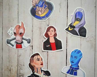 Mass Effect character art die cut vinyl stickers - Garrus, Tali, Jack, Liara, Shepard, Mordin