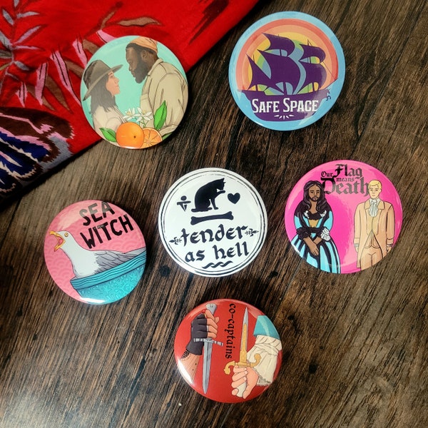 Button pins 2.25 inch - queer pirate comedy funny quotes and character art