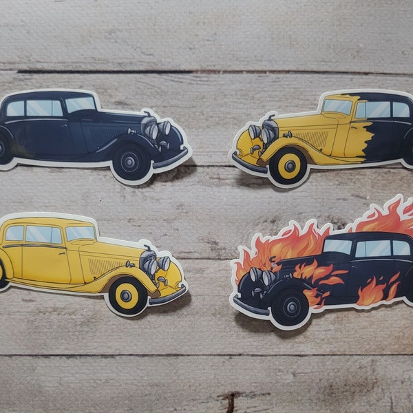 Good Omens stickers - Crowley's Bentley (black, yellow, changing colors, and on fire)