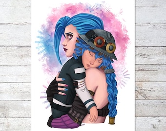 May include: A digital illustration of two women embracing. The woman in the front is wearing a blue and black outfit with a large, round hat. The woman in the back is wearing a blue and white outfit with a blue wig. The background is a soft pink and blue watercolor wash.