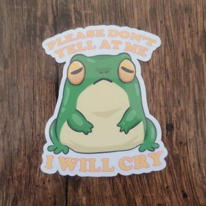 Op de afbeelding: Een sticker met een cartoonkikker met een verdrietige uitdrukking. De tekst boven de kikker luidt "PLEASE DON'T YELL AT ME" en daaronder staat "I WILL CRY" in oranje letters. De sticker heeft een witte rand.