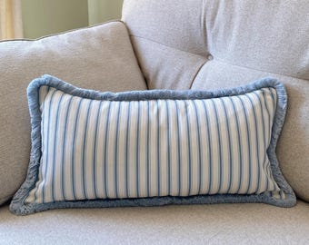 Blue Ticking Stripe Lumbar Cushion Cover with Fringe, Coastal Pillow Cover, Oblong Cushion Cover, Farmhouse Decor, Large Accent Cushion