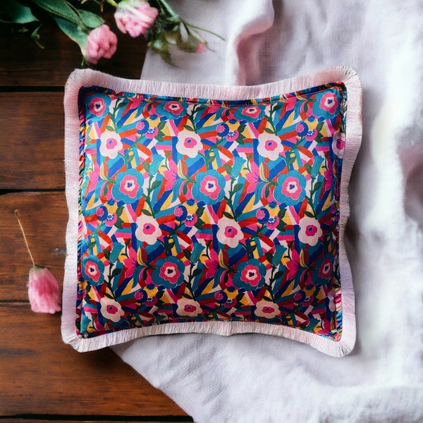 Liberty Fabric Bloomsbury Silk COMPLETE Cushion With Powder Pink Fringe Edge | Silk Cushion | Square cushion | Sofa Cushions