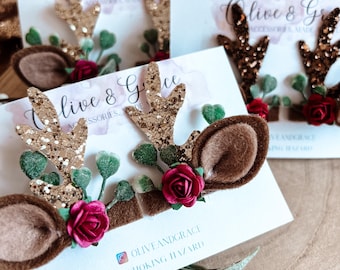 Reindeer ears hair clips- Christmas hair clip- stocking filler- Christmas Eve box gift- gift for girls