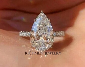 3.0 CT Pear Cut Moissanite Engagement Ring Pear Diamond Ring Hidden Halo Ring 14K White Gold Pave Setting Ring Christmas Gift