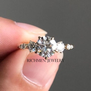 Vintage Round Diamond Engagement Ring - Unique Yellow Gold Moissanite Wedding Ring - Cluster Dainty Promise Ring for Women Anniversary Gift