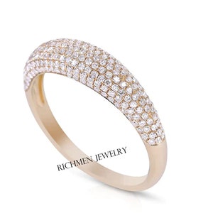 14K Solid Gold Pave Dome Ring, Micro Pave Diamond Moissanite Ring, Chunky Wedding Band Ring For Women, Minimalist Ring Dainty Statement Ring