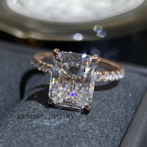 5 Ct Radiant Cut Moissanite Ring Radiant Engagement Ring 14K White Gold Bridal Pave and Hidden Halo Wedding Ring For Her Classic Prong Ring