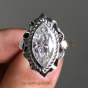 Marquise Cut Art Deco Engagement Ring, Moissanite Diamond Women&#39;s Wedding Ring, Solid 14K Gold Anniversary Ring, Marquise Promise Ring Gift