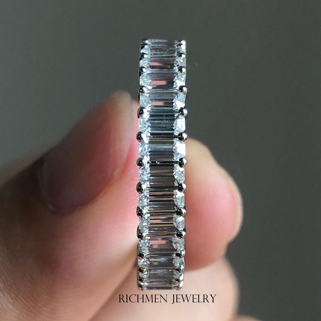 Emerald Cut Moissanite Wedding Band, 14K Gold Full Eternity Matching ...