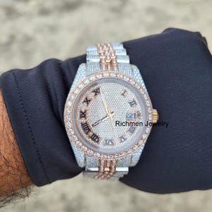 27 CT Two Tone Moissanite Watch For Birthday Gift, Hip-Hop Diamond Watch, VVS1 White Diamond Automatic Movement Watch, Handmade Watch