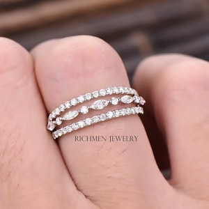 Marquise And Round Three Row Anniversary Ring, 925 Sterling Silver Wedding Ring Women, Stacking Moissanite Stone Set, Art Deco Diamond Ring