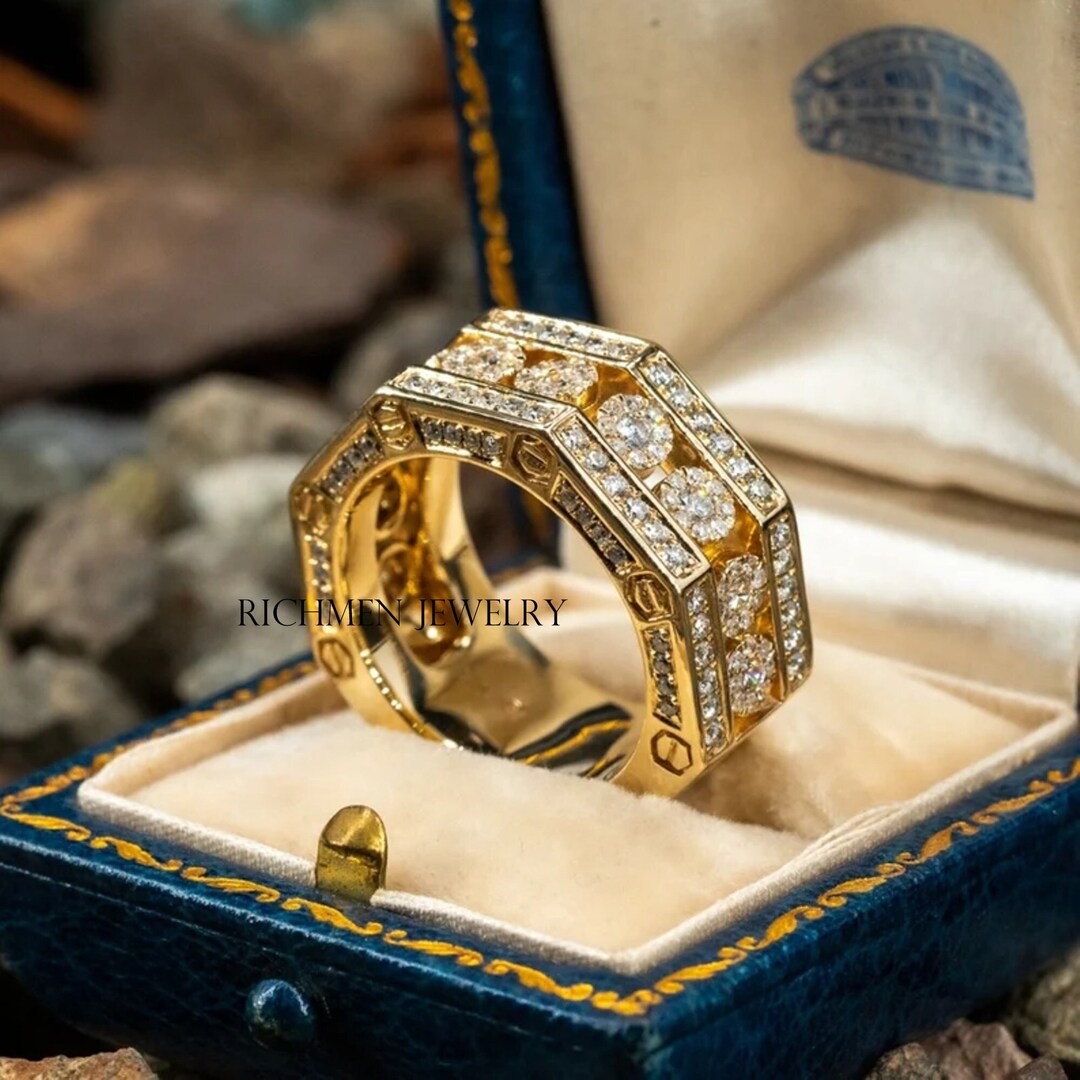 Iced Moissanite Band, 14K Yellow Gold Eternity Ring, Men's Wedding Band ...